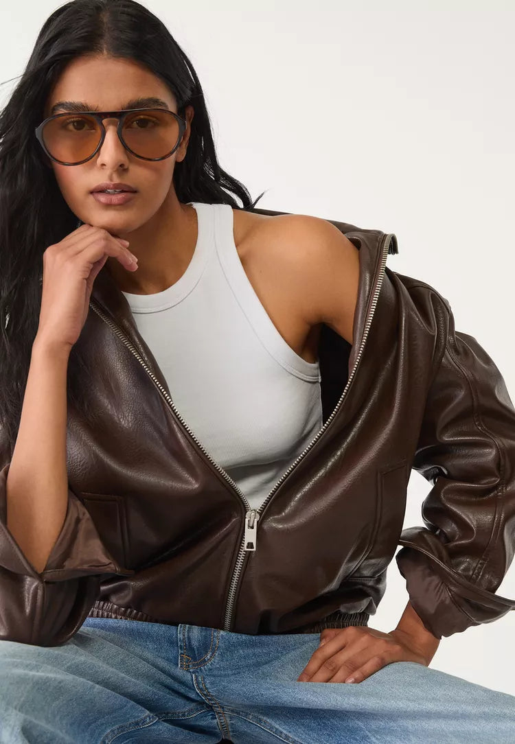 Maeva Leather Effect Jacket - Brown - XL
