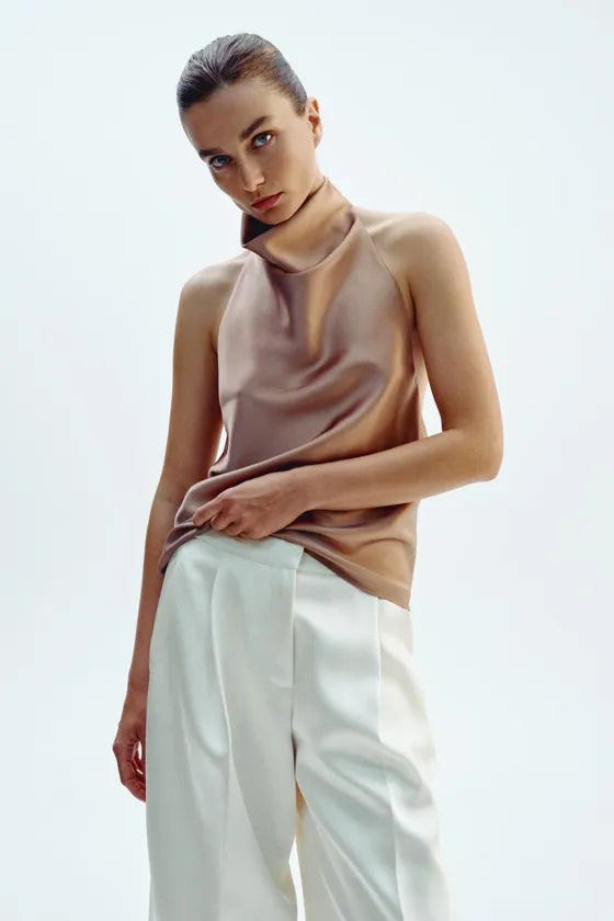Noor Satin Neck Top - White - M