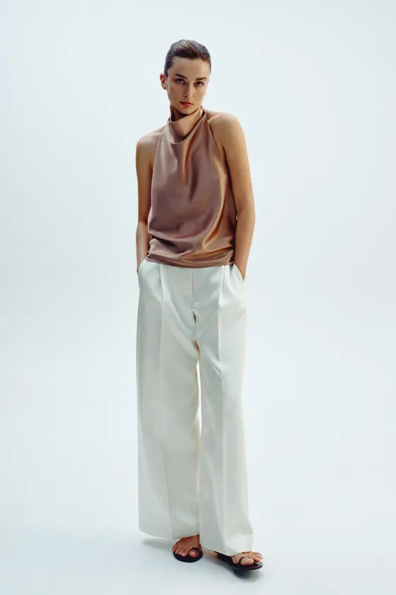 Noor Satin Neck Top - Brown - S