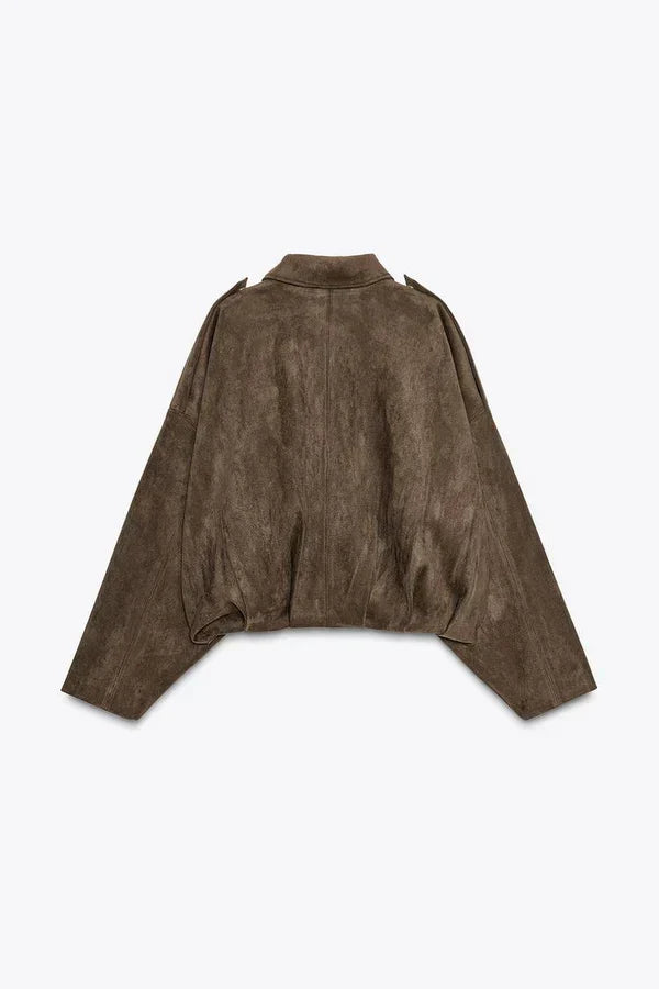 Elina Suede Bomber Jacket - Dark Brown - XL
