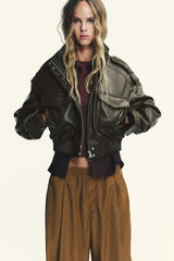 Ariel Leather Jacket - Khaki - XS