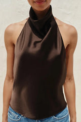 Noor Satin Neck Top - Brown - XXL