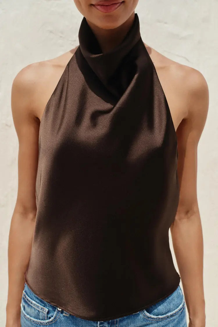 Noor Satin Neck Top - Brown - XXL