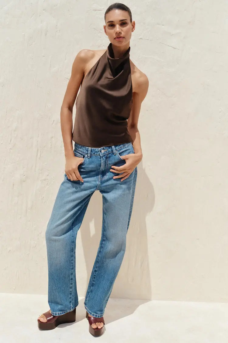 Noor Satin Neck Top - Brown - XS