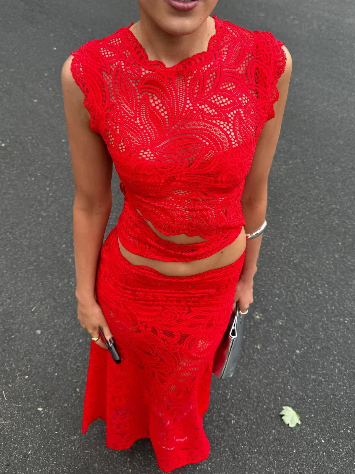 Roselle Lace Co-ord Set - Red - M/10