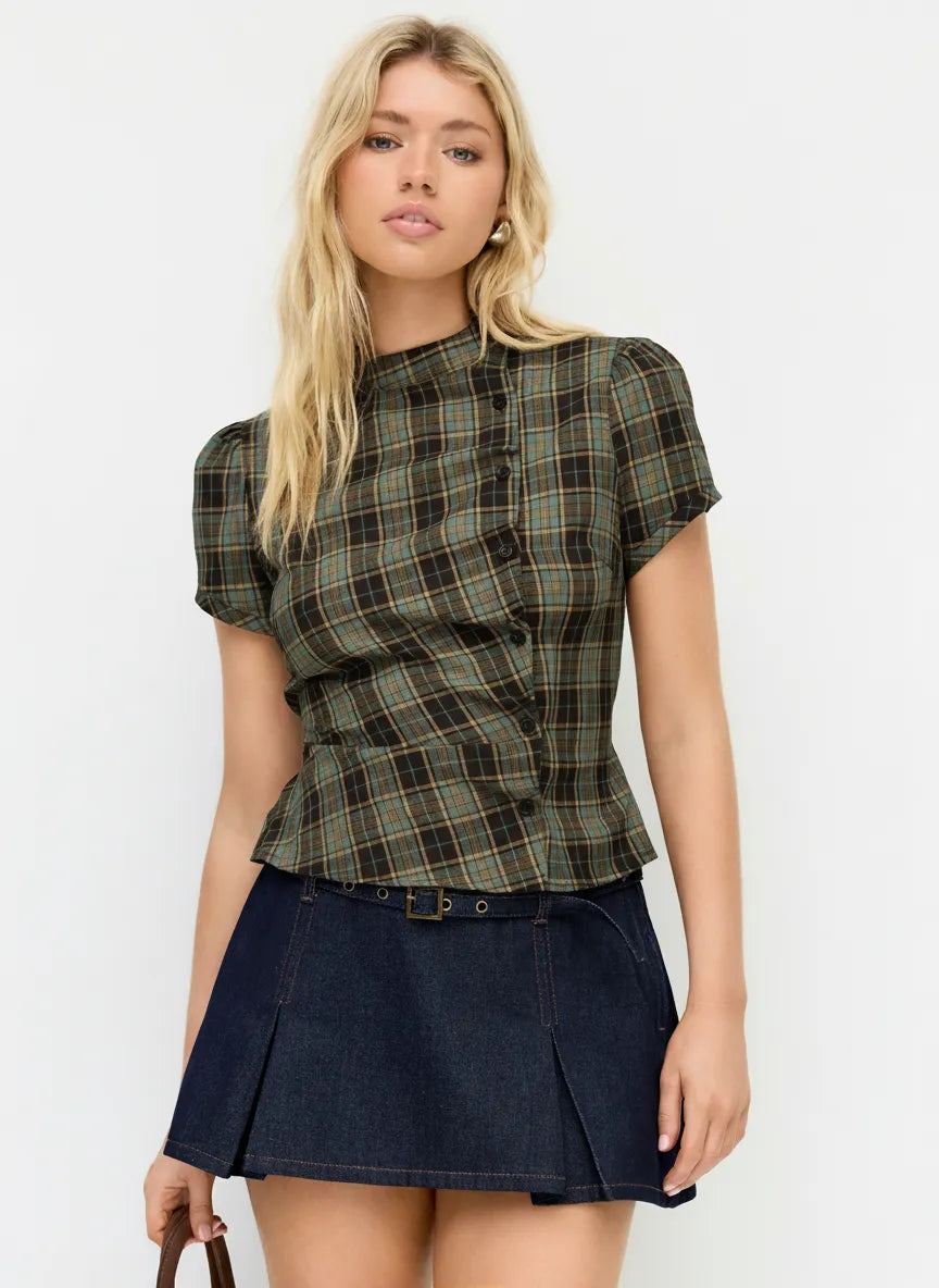 Jessie Plaid Blouse - Black - M