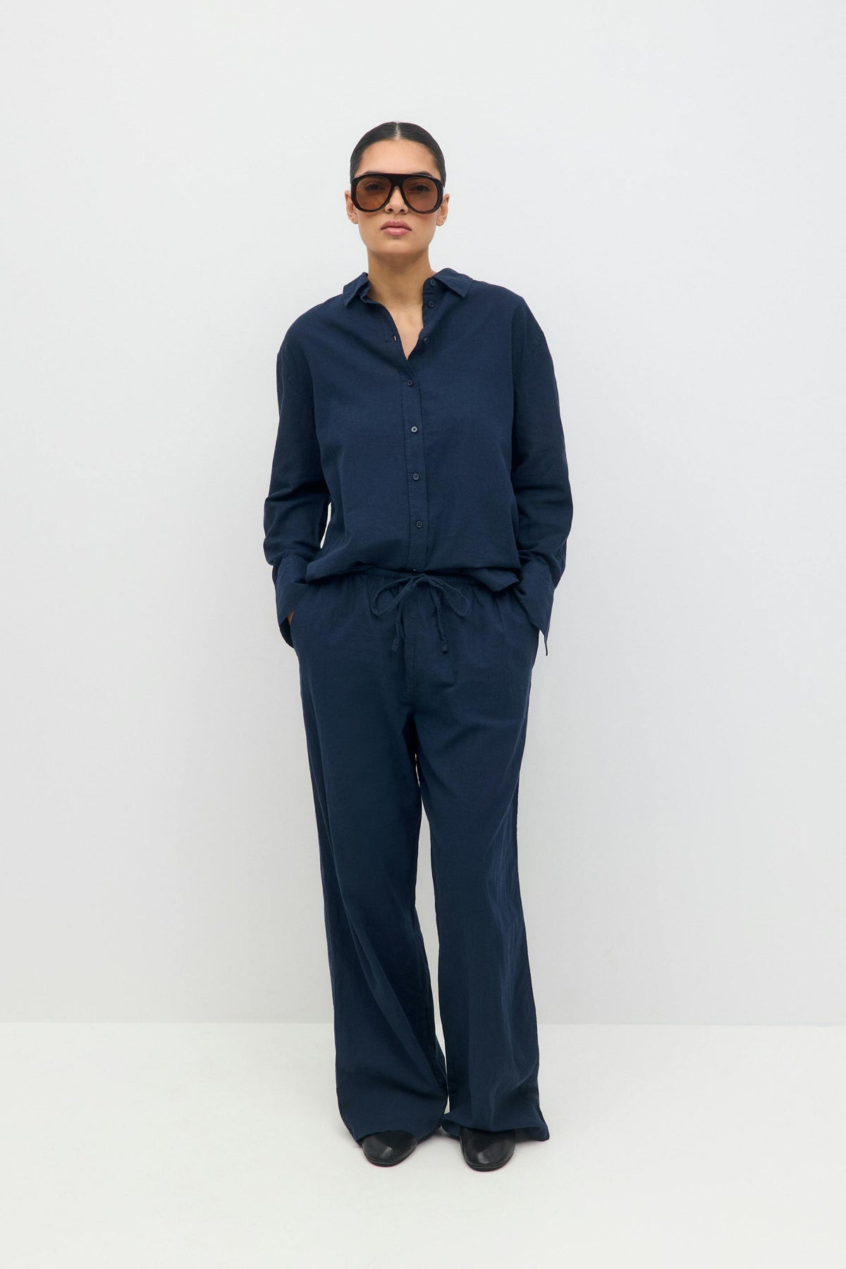Amaya Linen Blend Shirt - Navy - XXS
