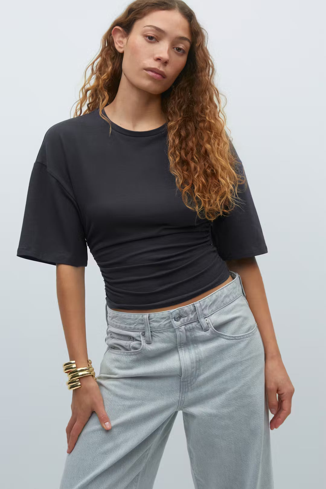 Celine Ruched Tee - M - Black
