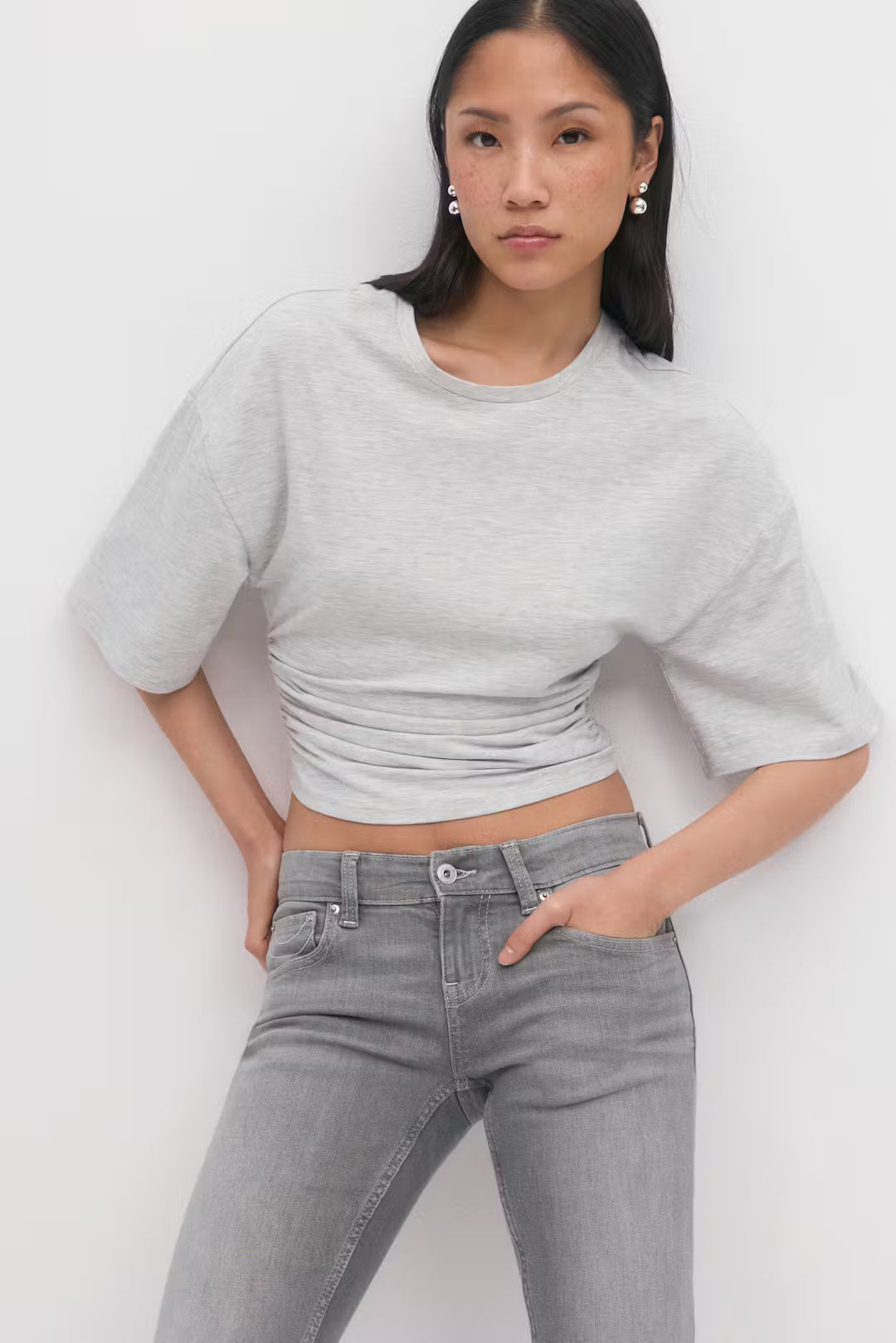 Celine Ruched Tee - M - Light Gray