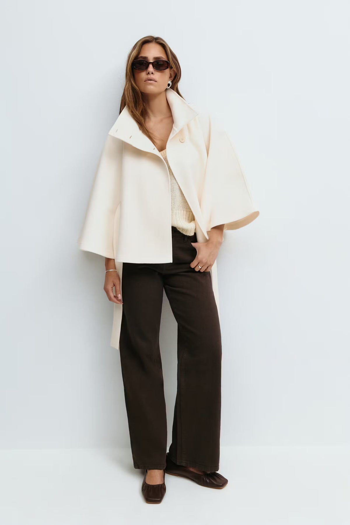 Serena Belted Cape Coat - White - XS