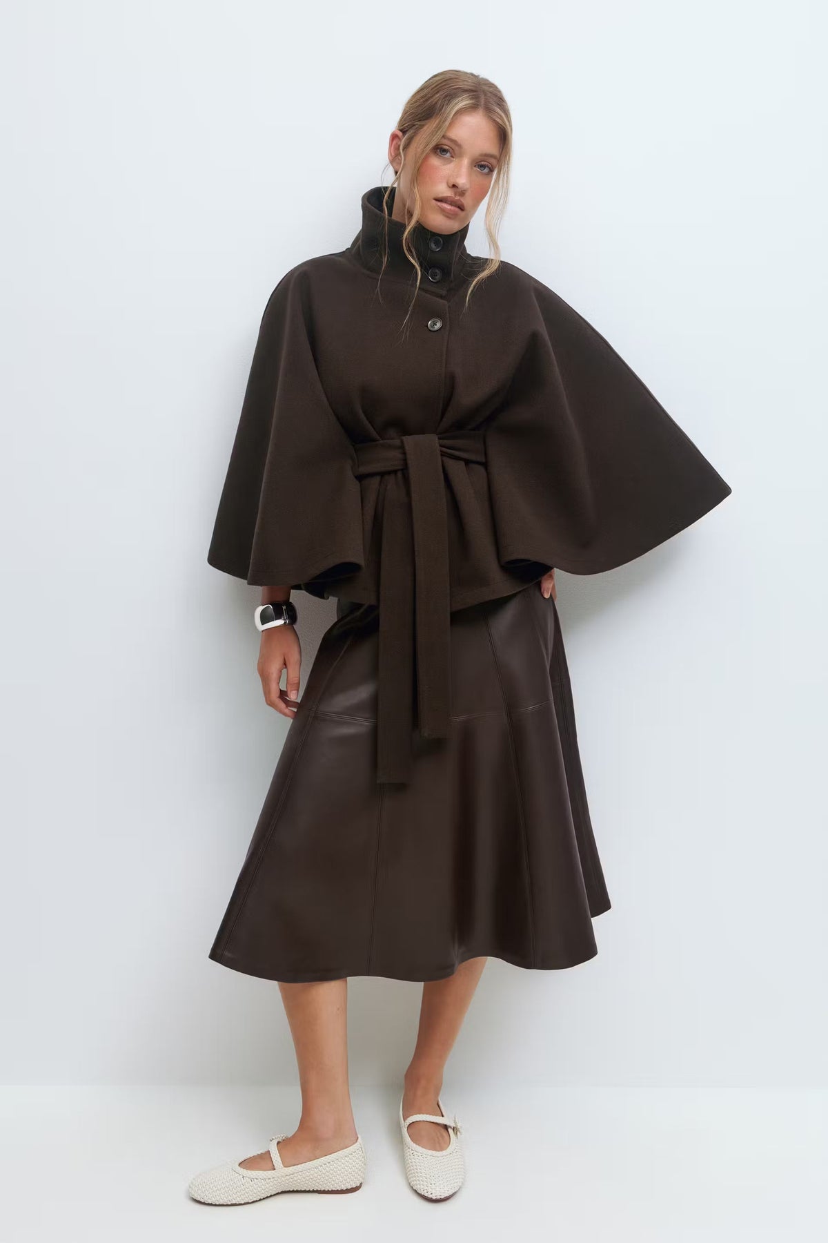 Serena Belted Cape Coat - Beige - M