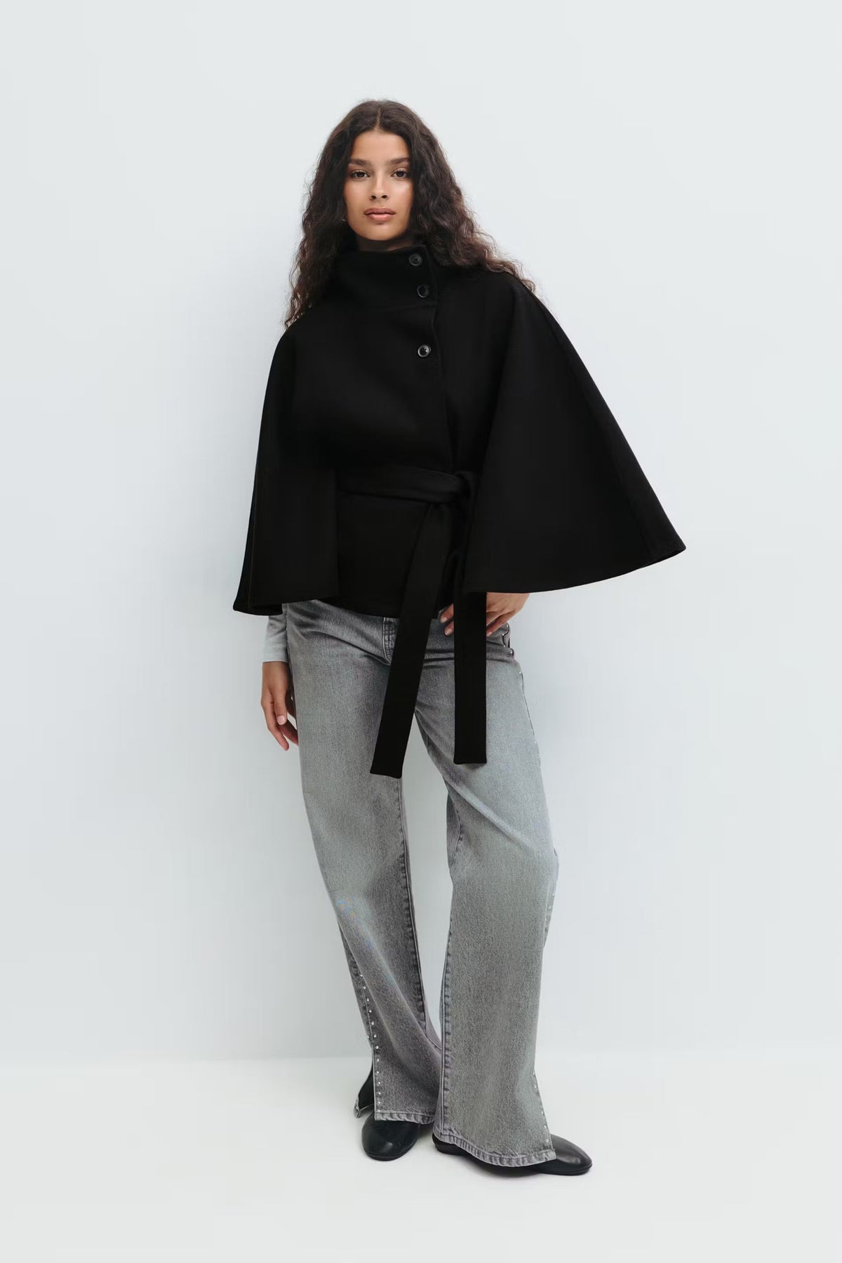 Serena Belted Cape Coat - Black - S