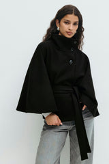 Serena Belted Cape Coat - Black - XS