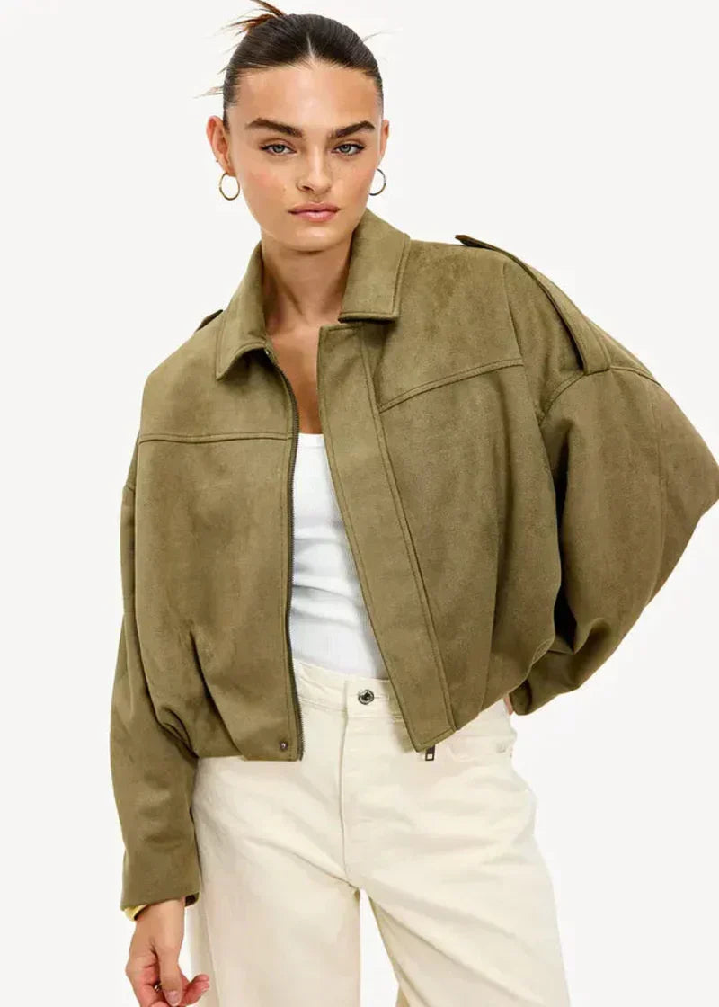 Elina Suede Bomber Jacket - Mid Khaki - S