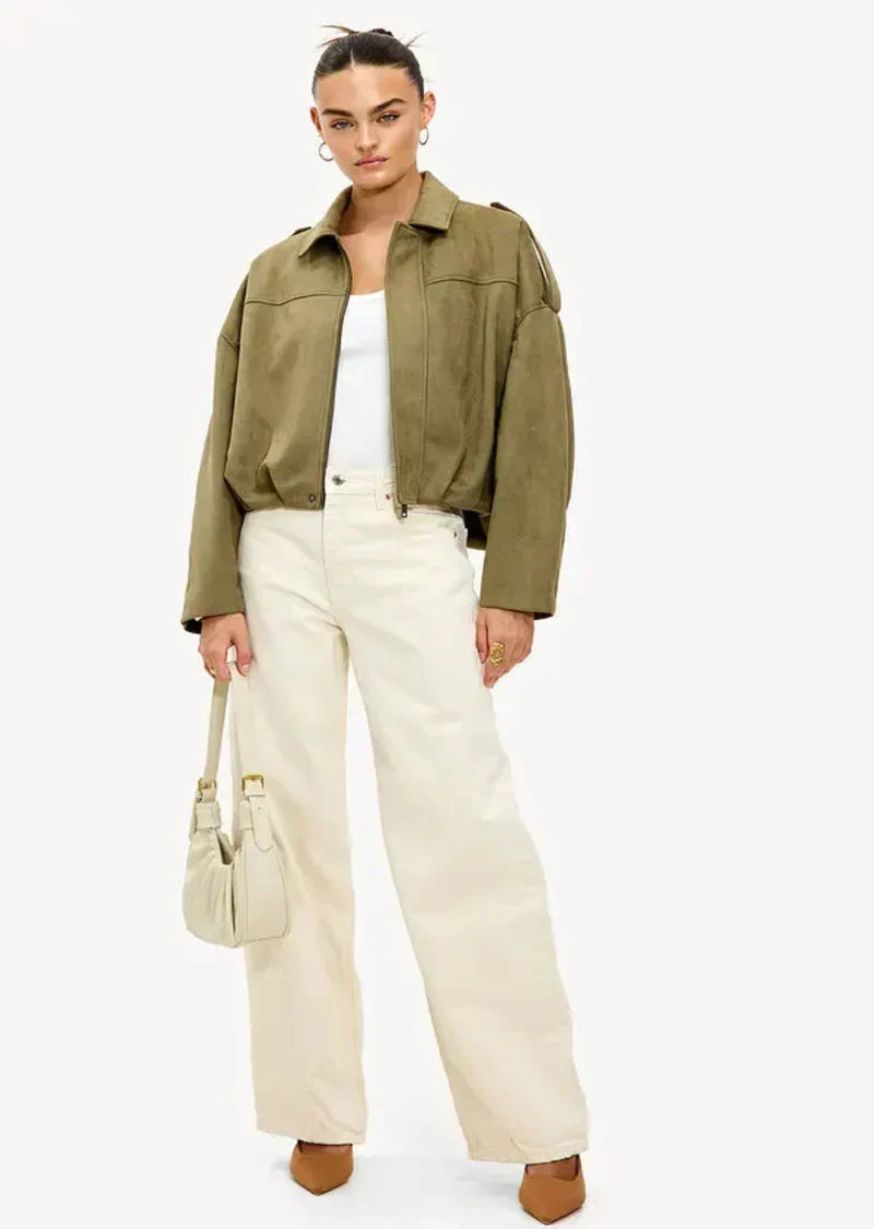 Elina Suede Bomber Jacket - Mid Khaki - M