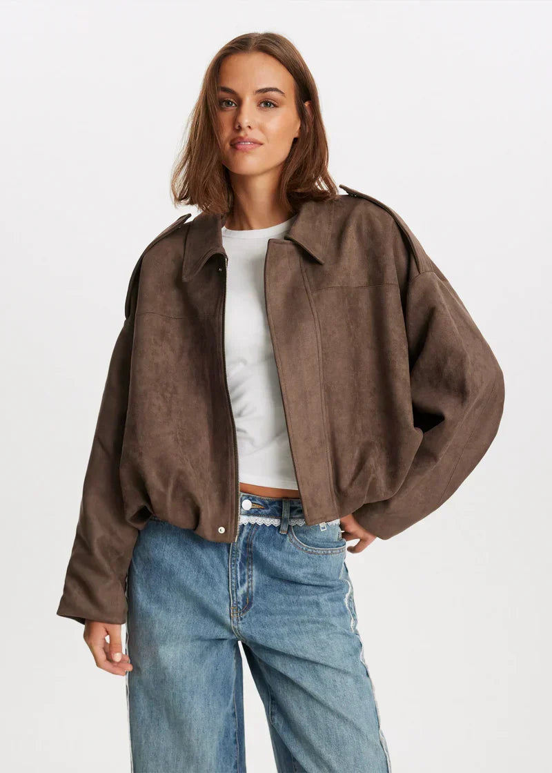 Elina Suede Bomber Jacket - Dark Brown - XS