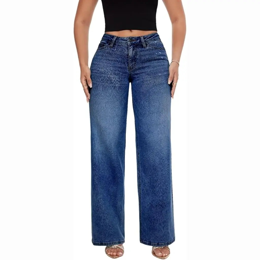 BBL Jeans- Mid-Low Rise Stretch Wide-Leg Jeans - Dark Blue - L