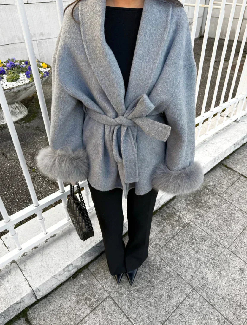 Luciana Belted Fur Coat - Black - XS