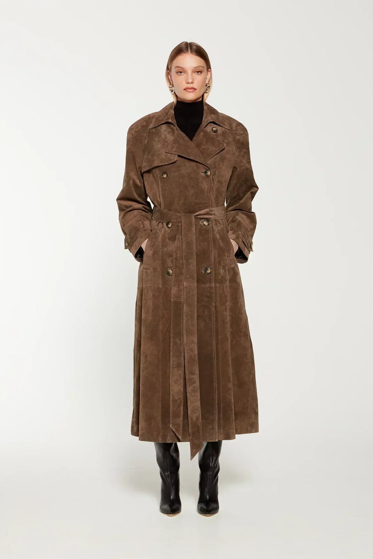 Hailey Suede Trench Coat - Brown - XS