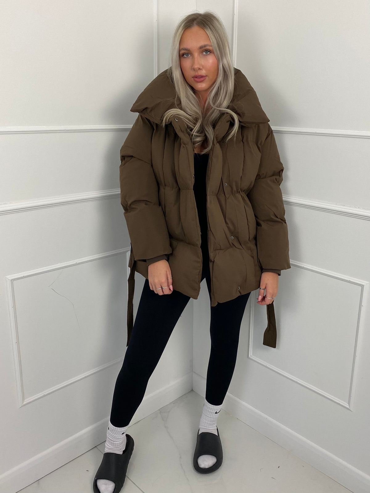 Karly Belted Puffer - Brown - XL