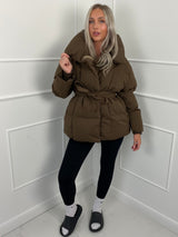Karly Belted Puffer - Brown - M