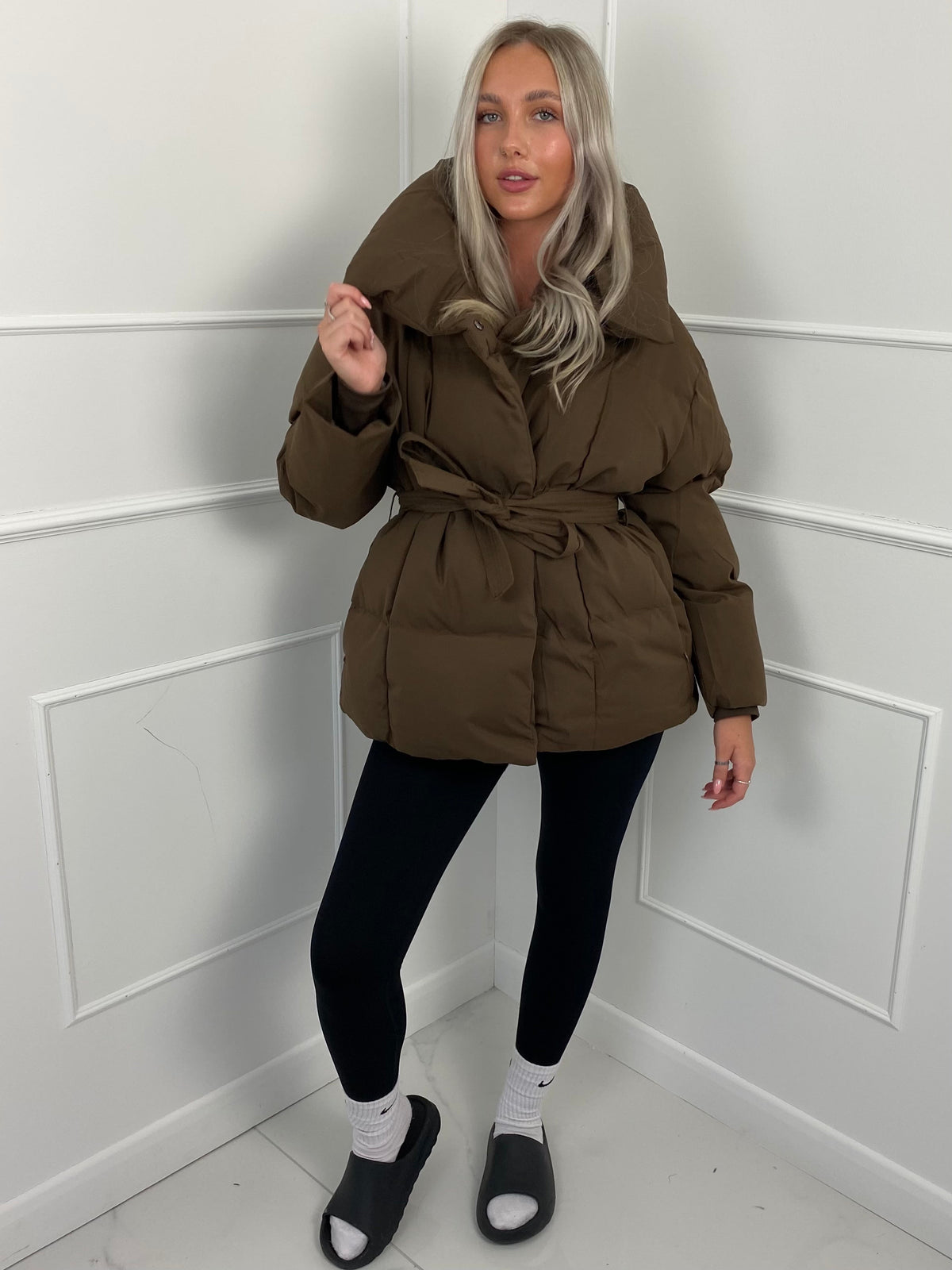 Karly Belted Puffer - Brown - M