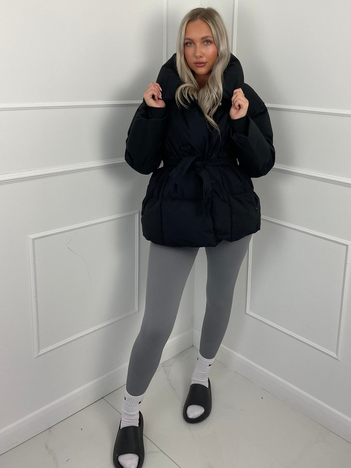 Karly Belted Puffer - Black - L