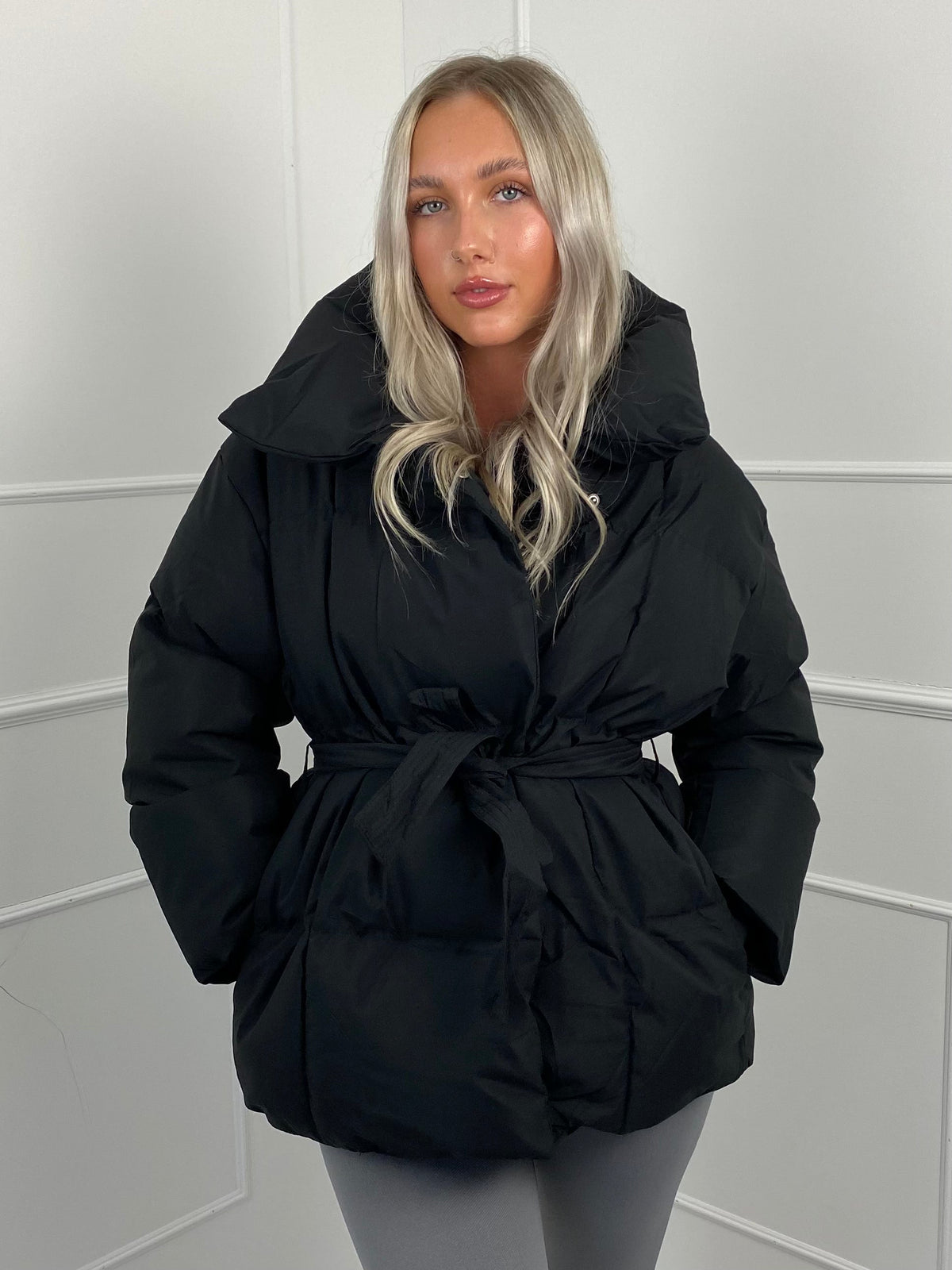 Karly Belted Puffer - Black - M
