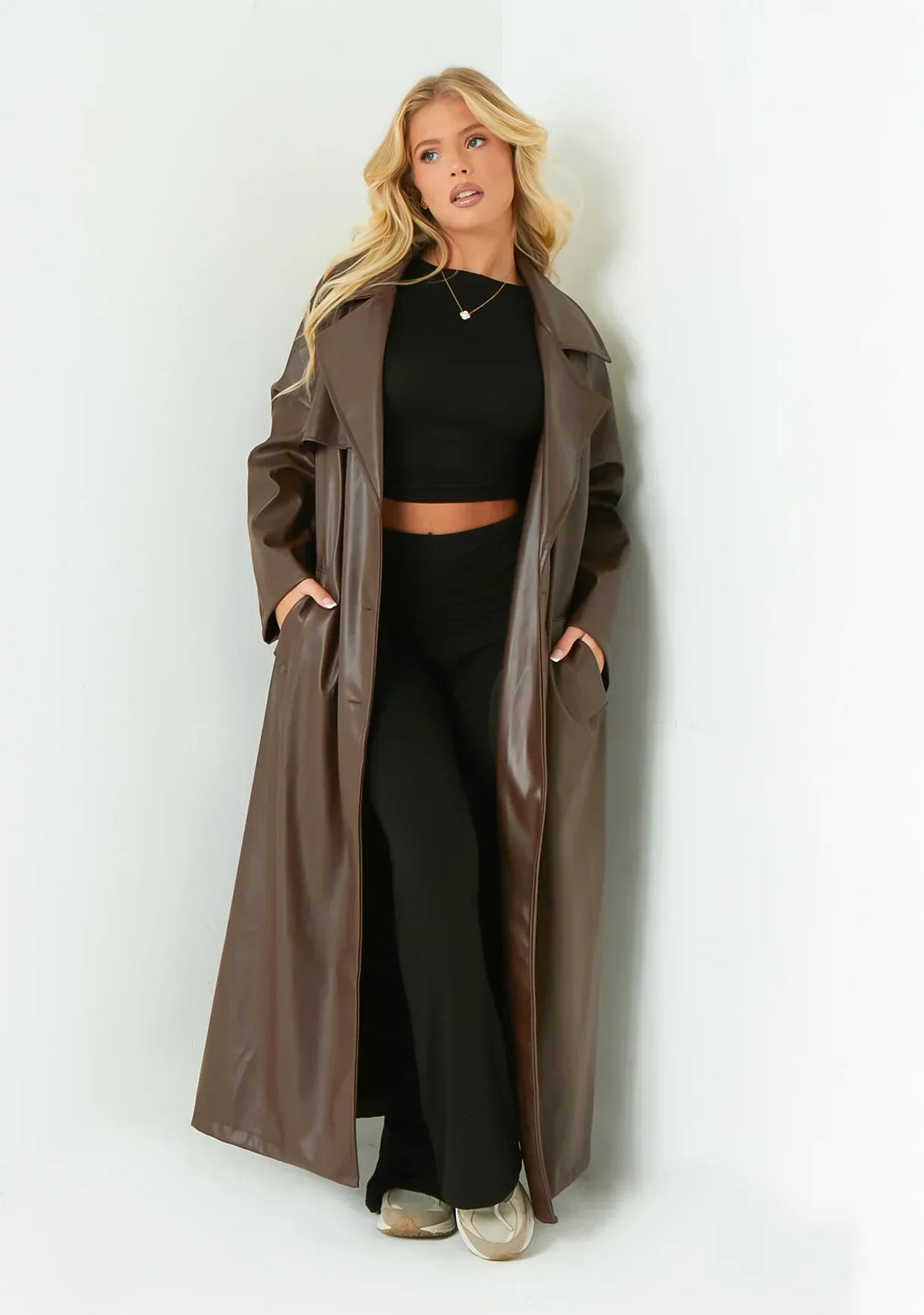 Dani Leather Trench Coat - L - Brown