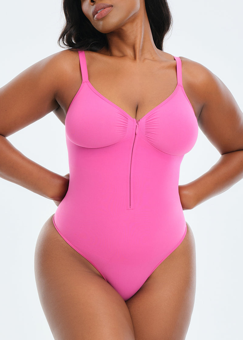 SmoothingSeamless Front Zip Bodysuit Thong - Hot Pink - XL