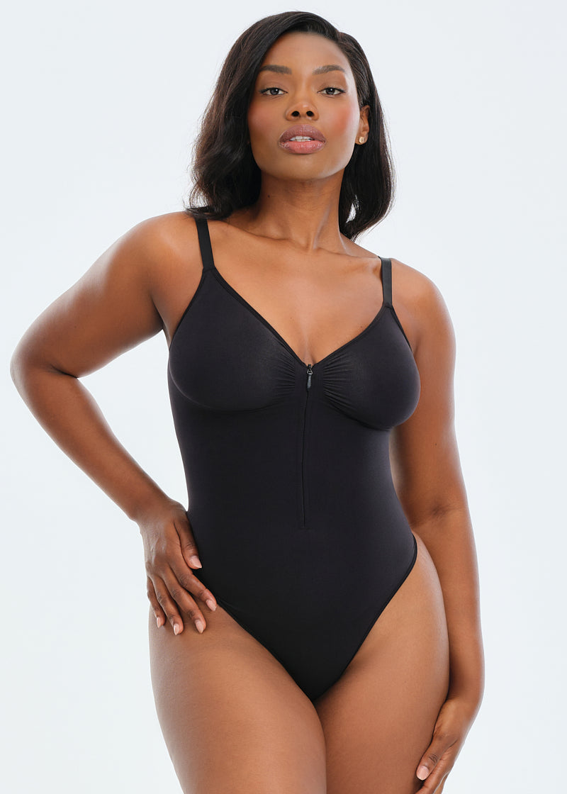 SmoothingSeamless Front Zip Bodysuit Thong - Dark Brown - M