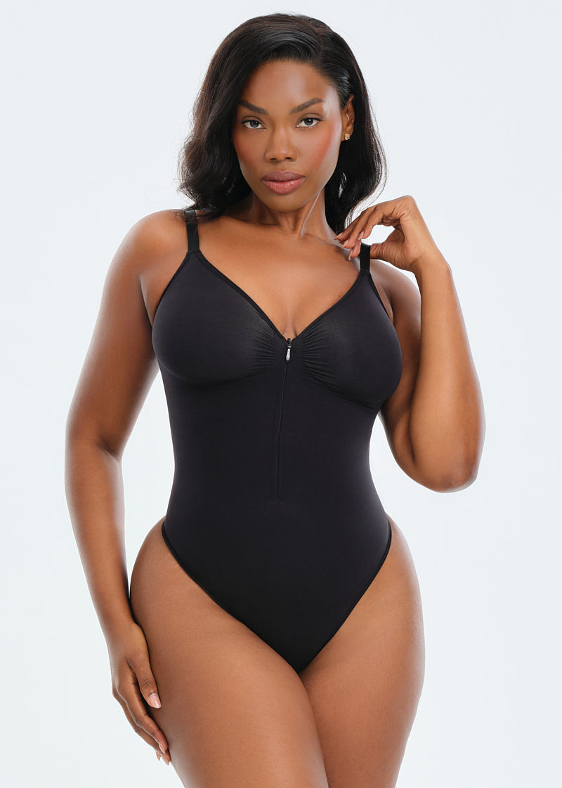 SmoothingSeamless Front Zip Bodysuit Thong - Dark Brown - XL