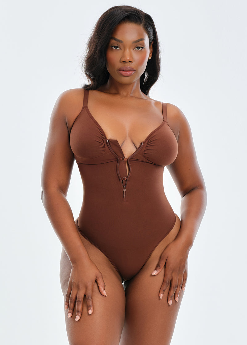 SmoothingSeamless Front Zip Bodysuit Thong - Black - L