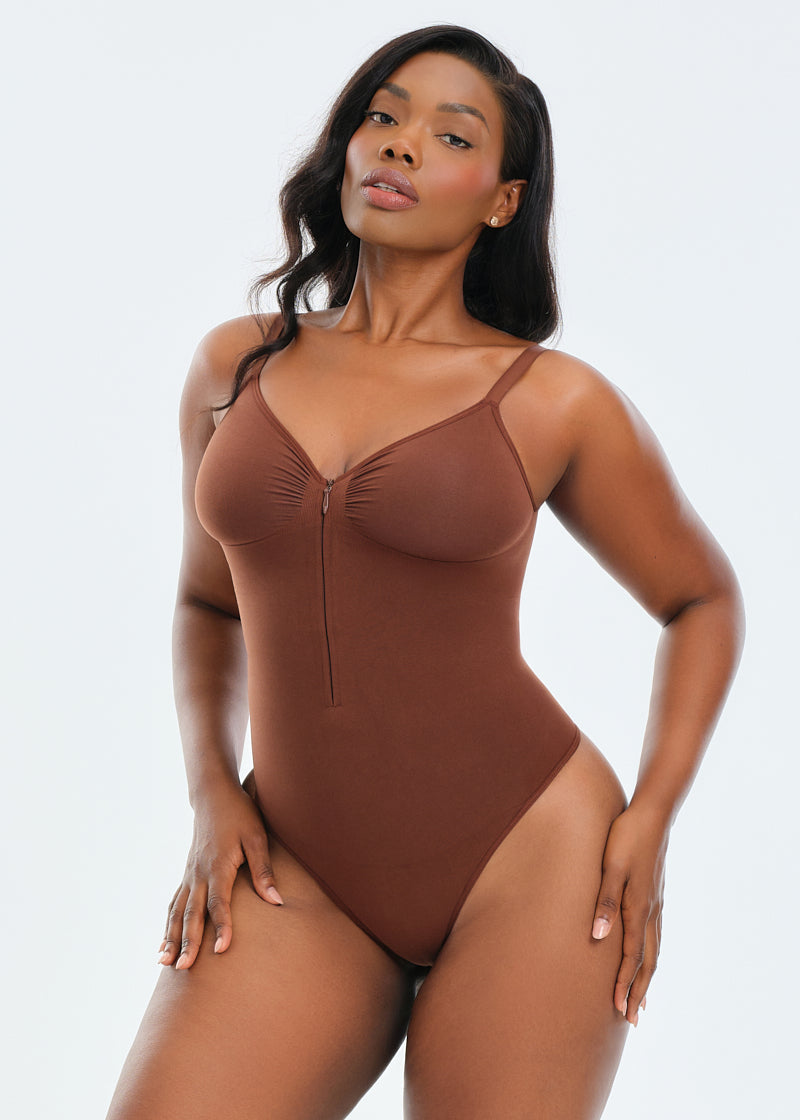SmoothingSeamless Front Zip Bodysuit Thong - Black - XL