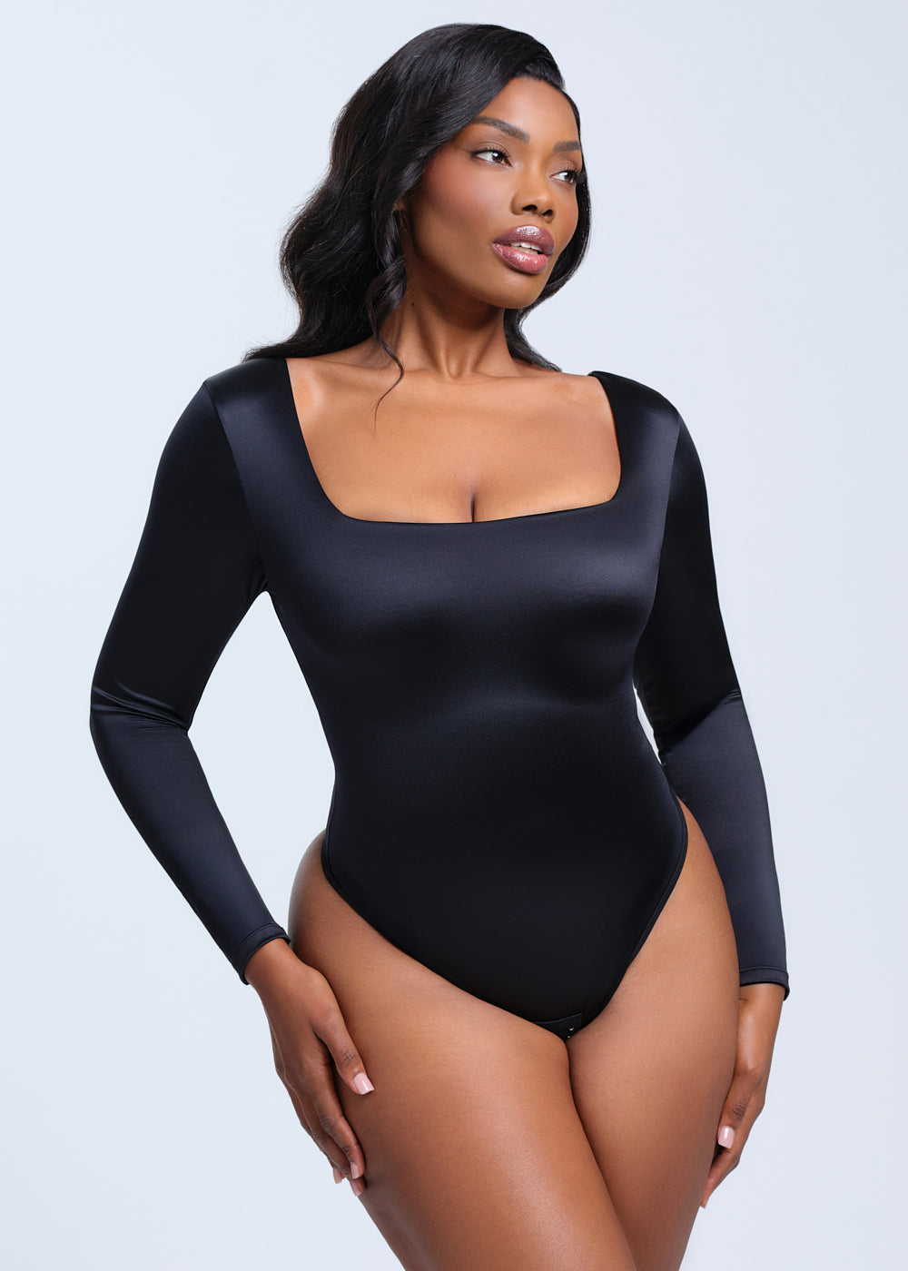 SatinSculpt Long Sleeve Bodysuit Thong - Black - S