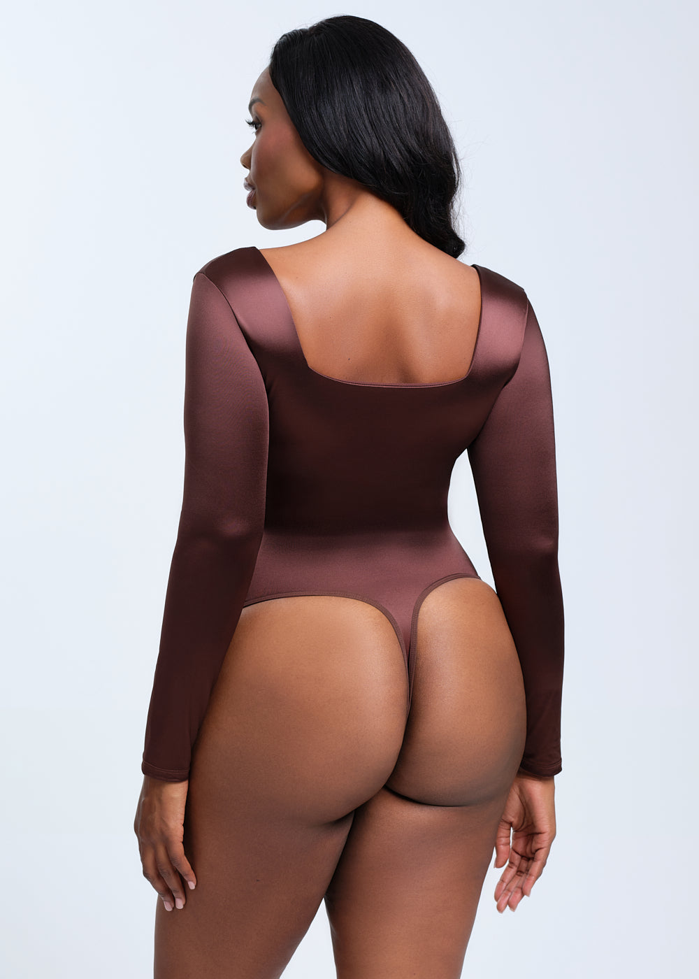 SatinSculpt Long Sleeve Bodysuit Thong - Brown - XL