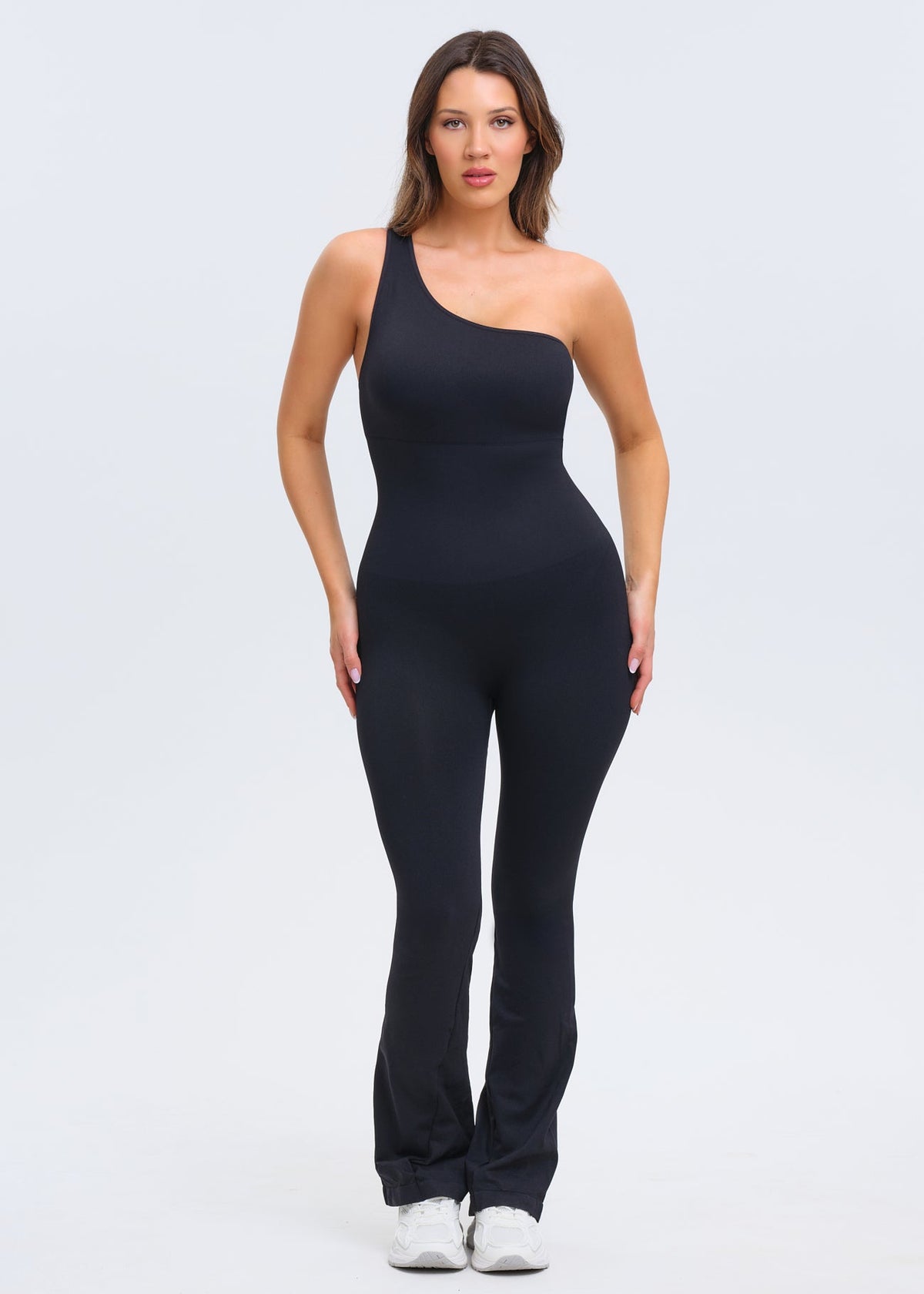 SnatchedKnit One-Shoulder Flare Jumpsuit - Black - XL/2X