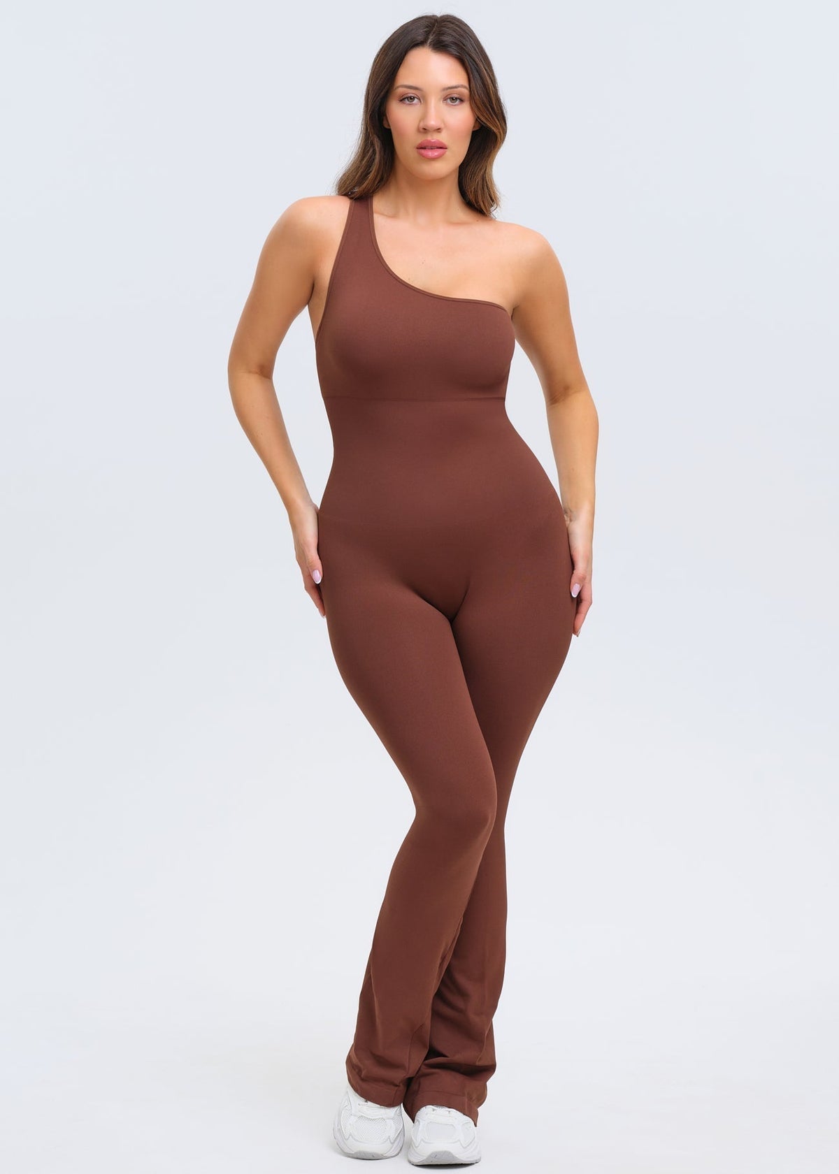 SnatchedKnit One-Shoulder Flare Jumpsuit - Brown - XS/S