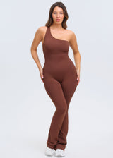 SnatchedKnit One-Shoulder Flare Jumpsuit - Brown - XS/S