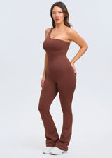 SnatchedKnit One-Shoulder Flare Jumpsuit - Brown - M/L
