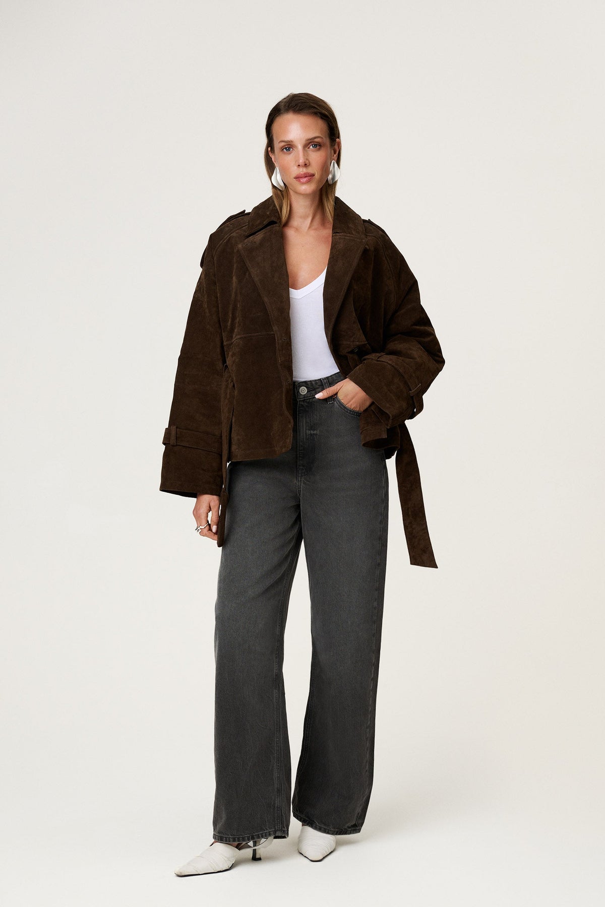 Esme Cropped Trench Coat - L - Dark Brown