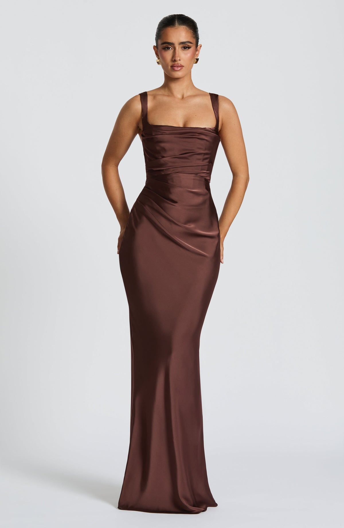 Elara Satin Maxi Dress - Brown - XS