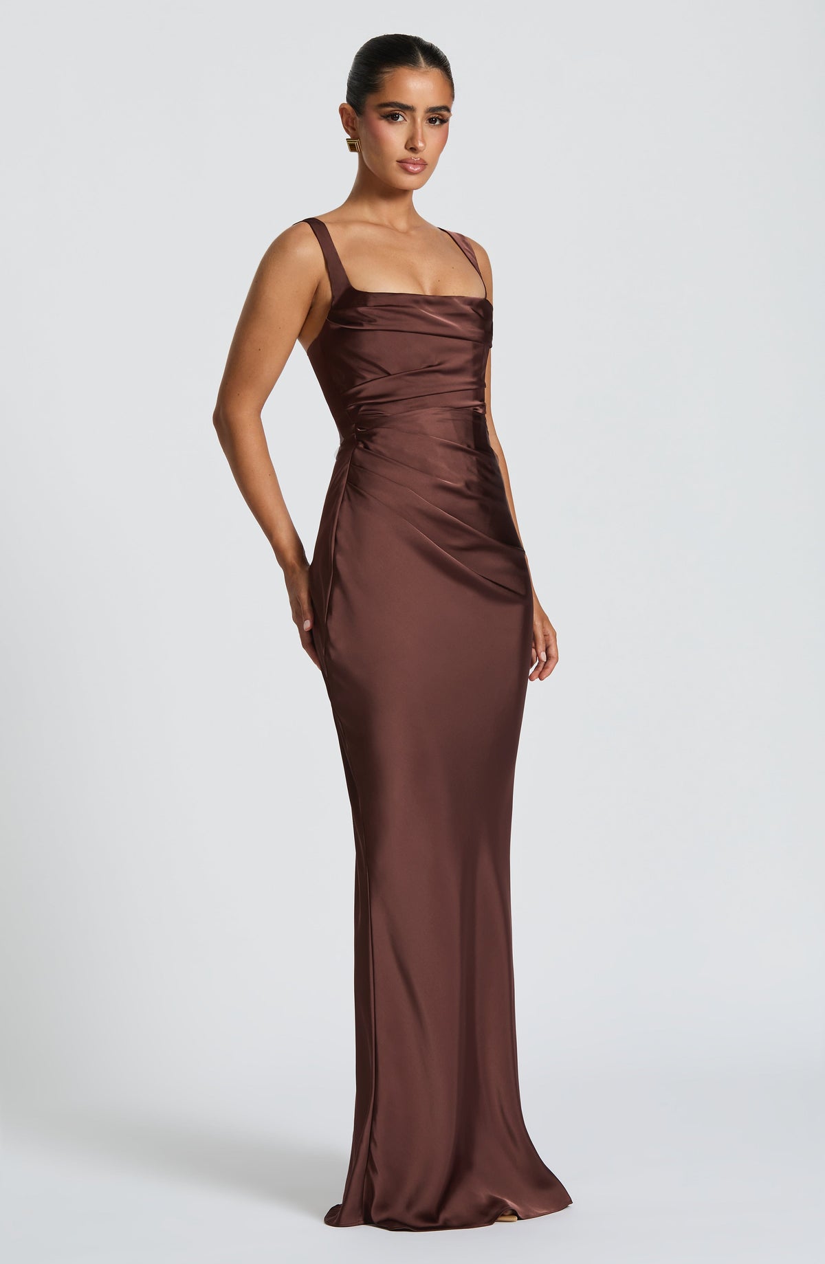Elara Satin Maxi Dress - Brown - M