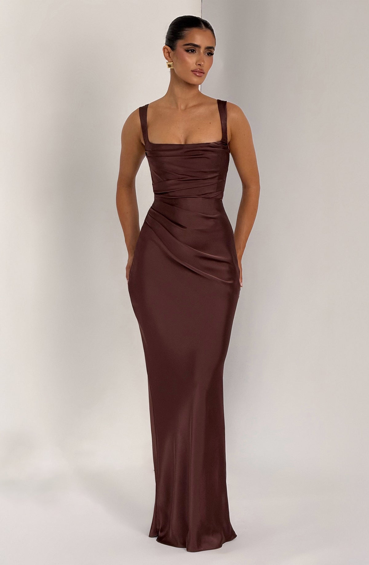 Elara Satin Maxi Dress - Brown - XL